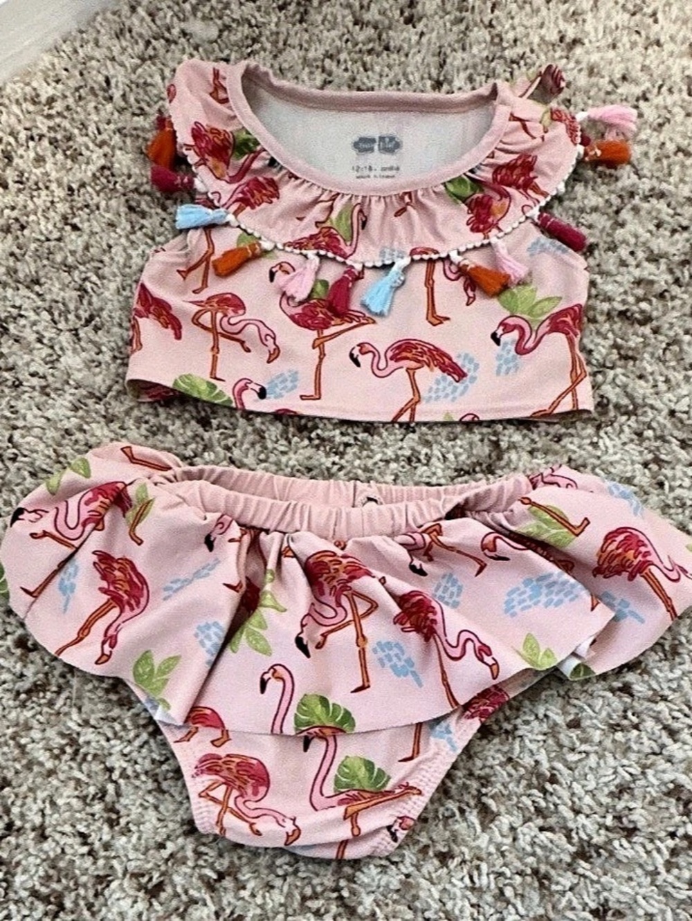 Mud Pie Flamingo Tassels and Ruffles Swimsuit, Pink & Red, 12-18M